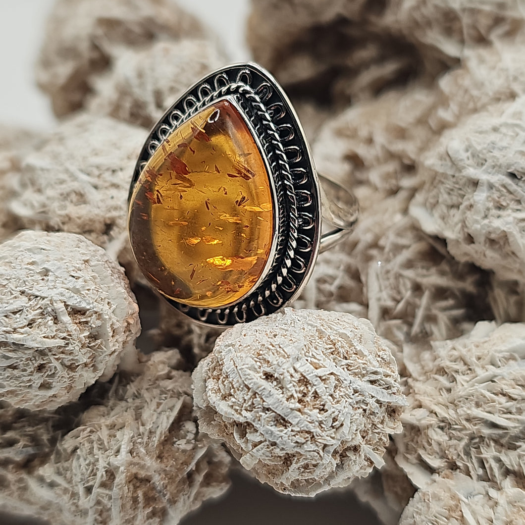 Amber Sterling Silver Ring Size 8