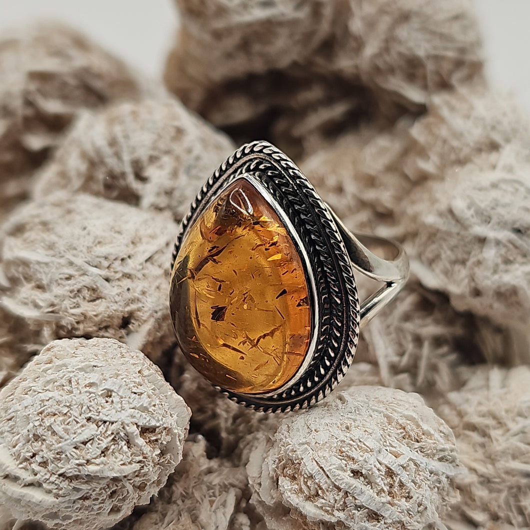 Amber Sterling Silver Ring Size 8