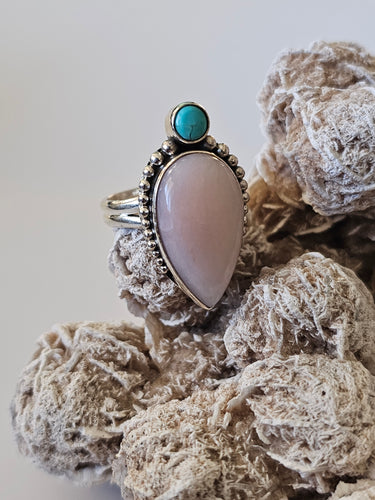 Pink Opal & Kingman Turquoise Teardrop Sterling Silver Ring