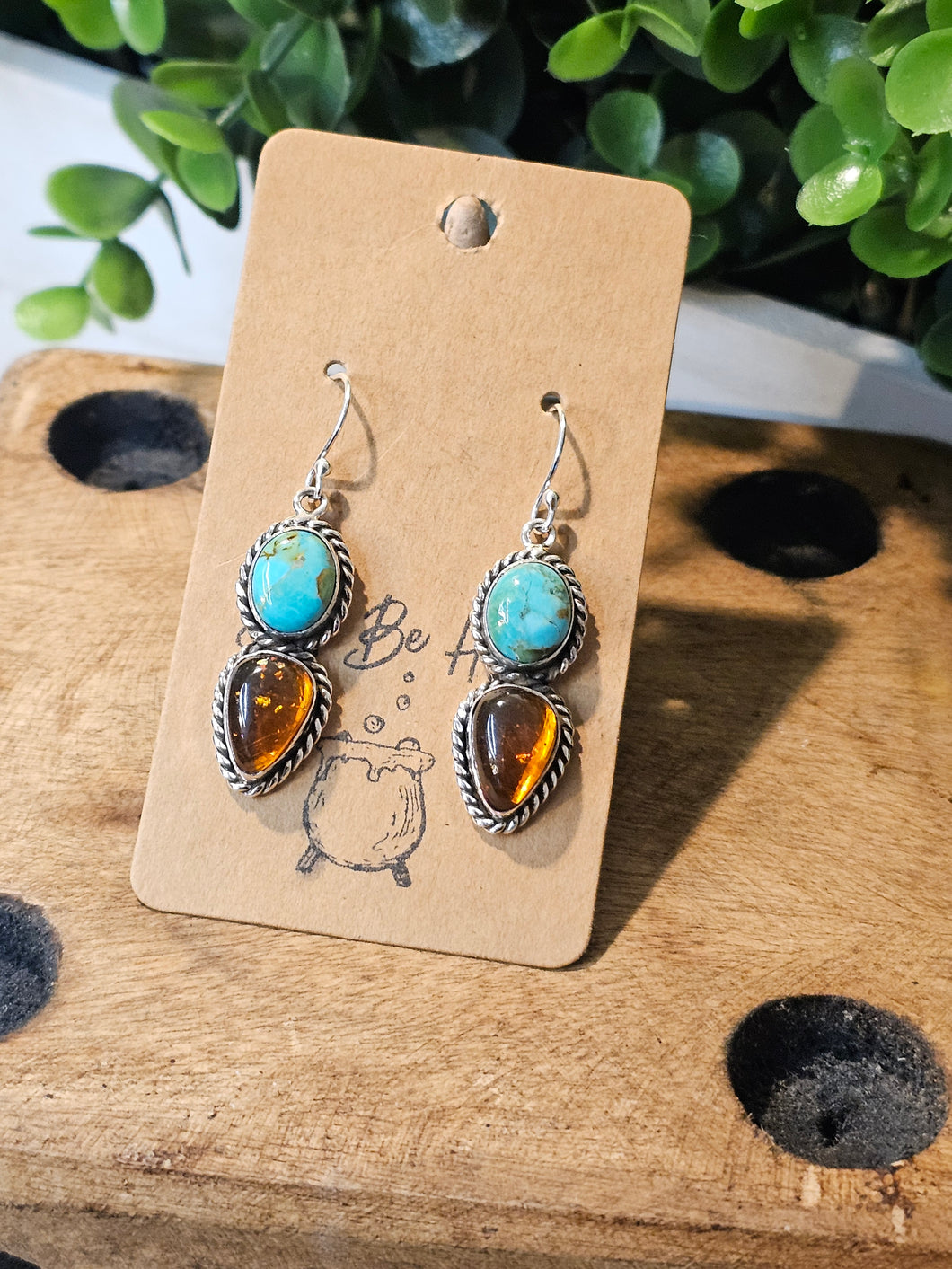 Kingman Turquoise & Baltic Amber Sterling Silver Earrings