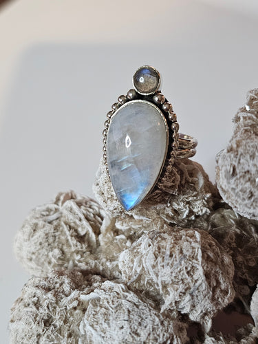 Rainbow Moonstone & Labradorite Teardrop Sterling Silver Ring