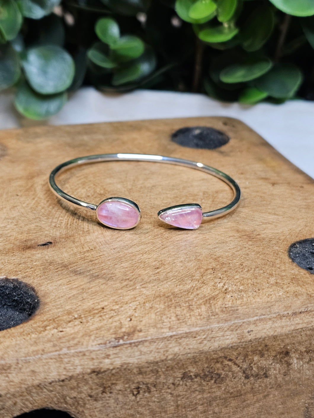 Pink Rainbow Moonstone Sterling Silver Twist Bangle Bracelet