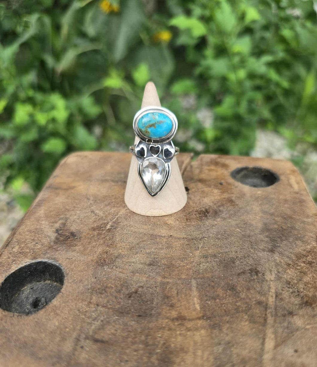 Kingman Turquoise & Clear Quartz Sterling Silver Ring