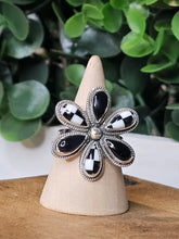 Load image into Gallery viewer, Black Onyx &amp; Checkerboard Adjustable Sterling Silver Flower Ring