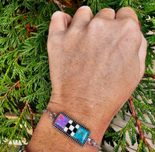 Load image into Gallery viewer, Kingman Turquoise, Aurora Borealis, Checkerboard Inlay Sterling Silver Bar Bracelet
