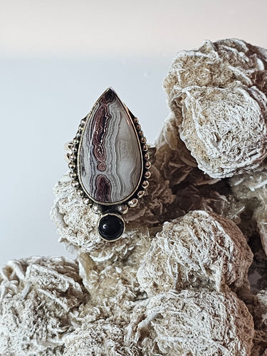 Crazy Lace Agate & Black Onyx Teardrop Sterling Silver Size 6