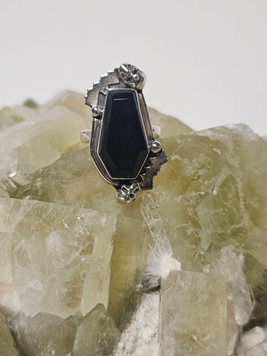 Black Onyx Sterling Silver Bat, Skull & Coffin Ring