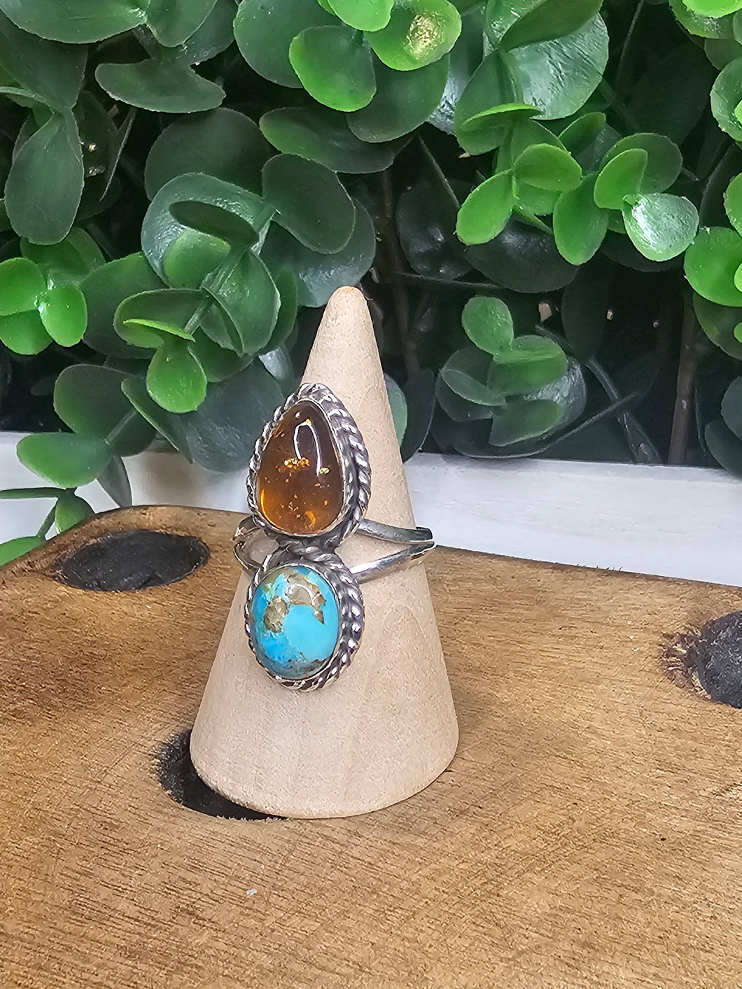 Kingman Turquoise & Baltic Amber Sterling Silver Ring