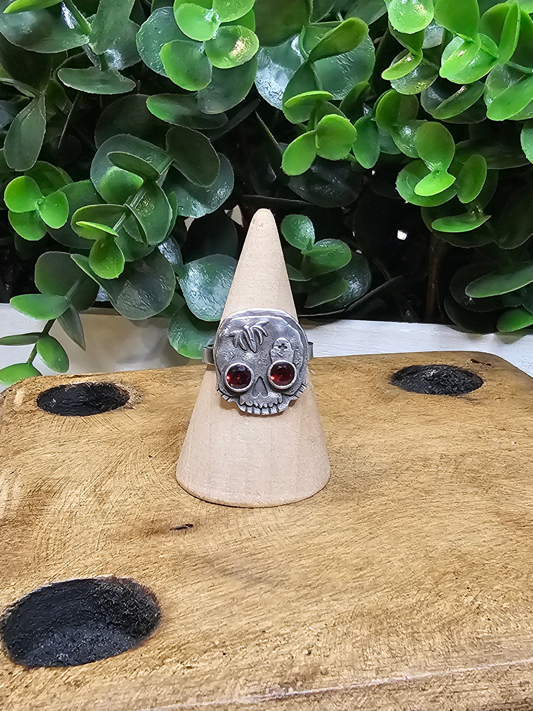 Garnet Spider & Coffin Skully Sterling Silver Distressed Ring