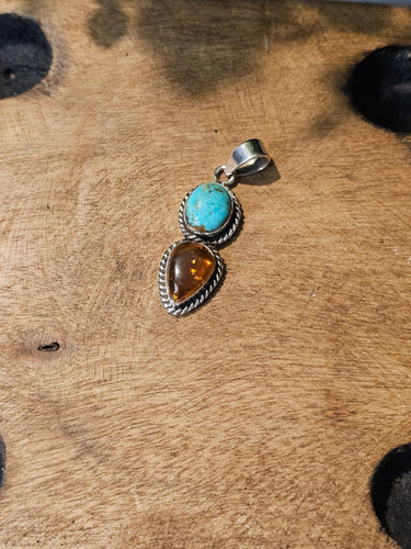 Kingman Turquoise & Baltic Amber Sterling Silver Pendant