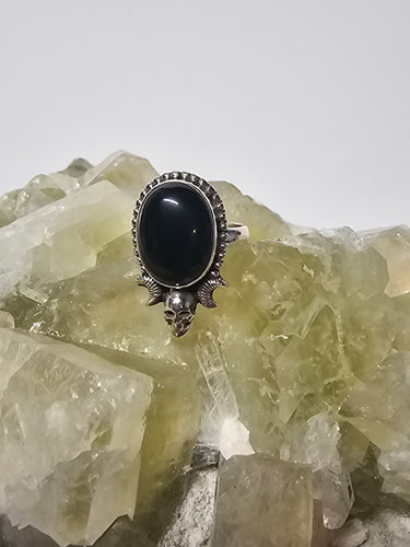Black Onyx Sterling Silver Skull & Moon Ring Size 7