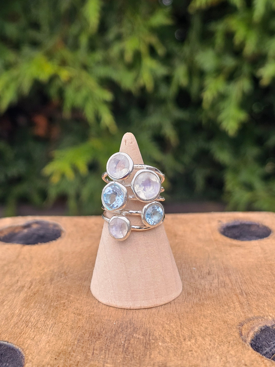 Rainbow Moonstone & Blue Topaz Sterling Silver Ring
