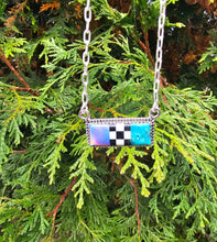 Load image into Gallery viewer, Kingman Turquoise, Aurora Borealis, Checkerboard Inlay Sterling Silver Bar Pendant 18&quot;Necklace