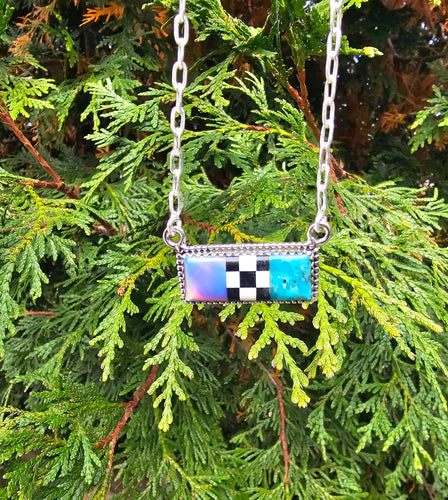 Kingman Turquoise, Aurora Borealis, Checkerboard Inlay Sterling Silver Bar Pendant 18