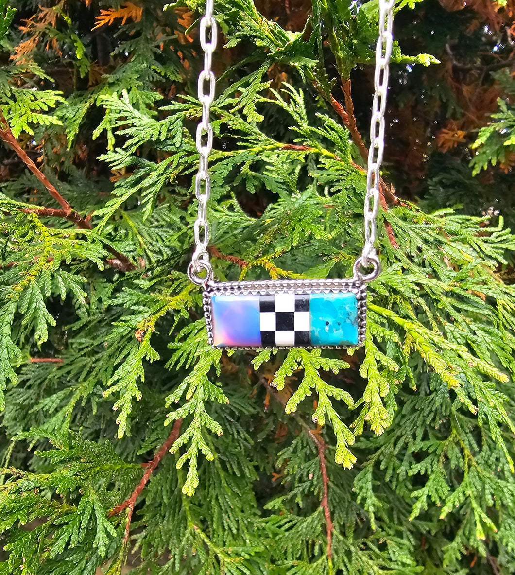 Kingman Turquoise, Aurora Borealis, Checkerboard Inlay Sterling Silver Bar Pendant 18