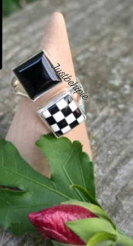 Checkerboard & Black Onyx Sterling Silver Ring