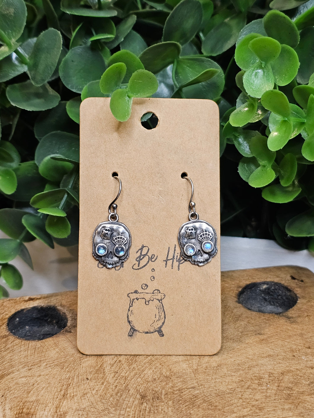 Rainbow Moonstone Ghost & Spiderweb Skully Sterling Silver Distressed Earrings