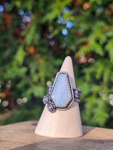 Rainbow Moonstone Coffin & Rose Distressed Sterling Silver Ring