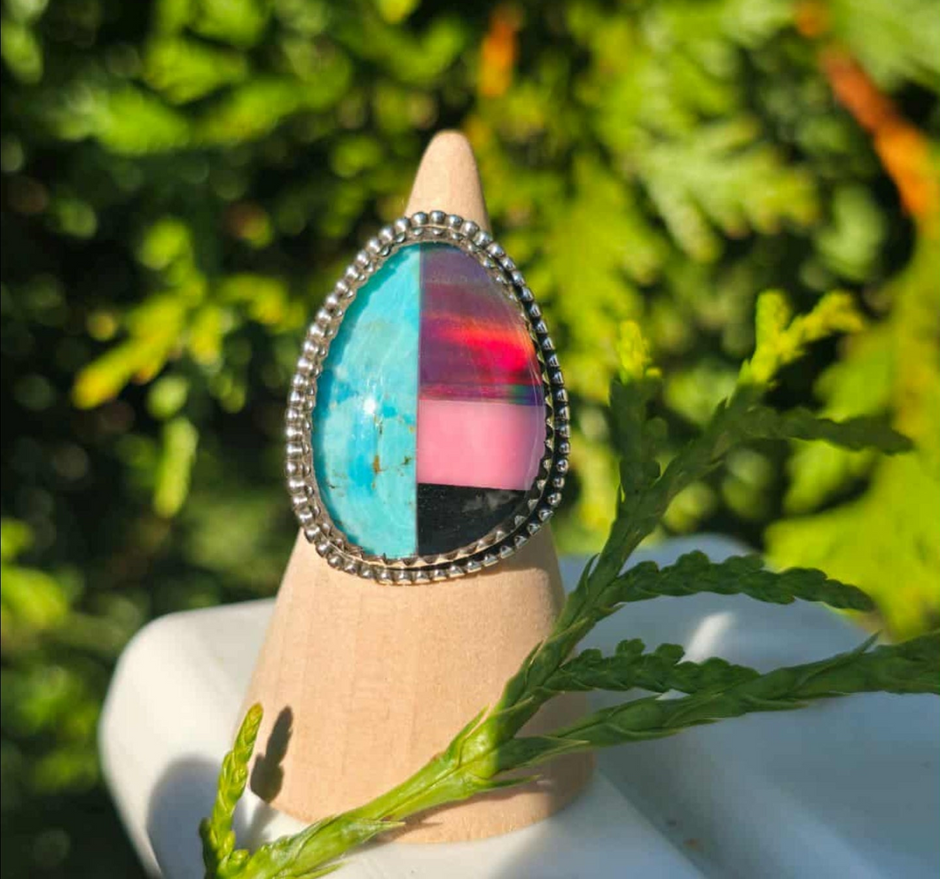 Kingman Turquoise, Aurora Borealis, Pink Opal & Black Onyx Inlay Sterling Silver Ring