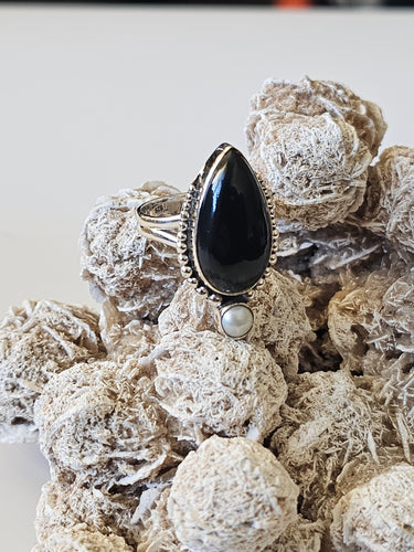 Black Onyx & Pearl Teardrop Sterling Silver Ring