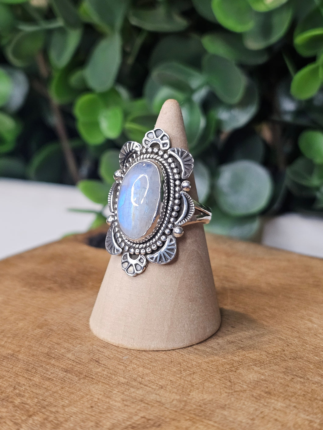 Rainbow Moonstone Sterling Silver Ring Size 8