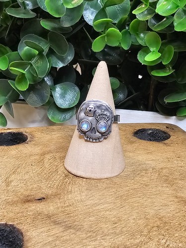 Rainbow Moonstone Ghost & Spiderweb Skully Sterling Silver Distressed Ring