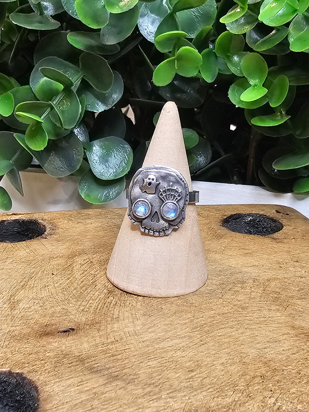 Rainbow Moonstone Ghost & Spiderweb Skully Sterling Silver Distressed Ring
