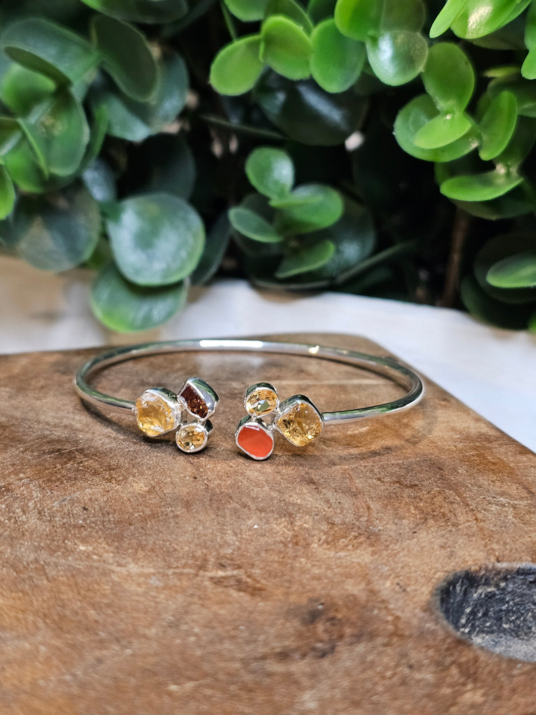 Raw & Faceted Citrine & Carnelian Sterling Silver Twist Bangle Bracelet