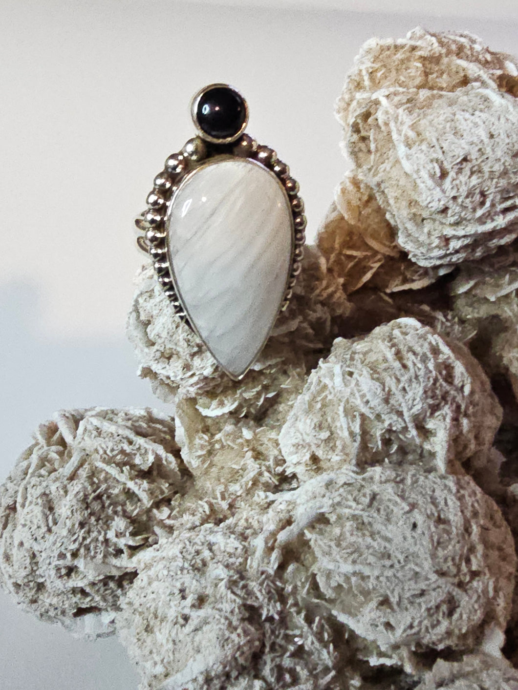 Scolecite & Black Onyx Teardrop Sterling Silver Ring