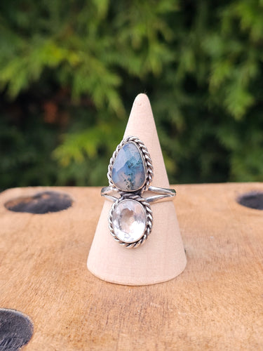 Moss Agate & Clear Quartz Sterling Silver Ring