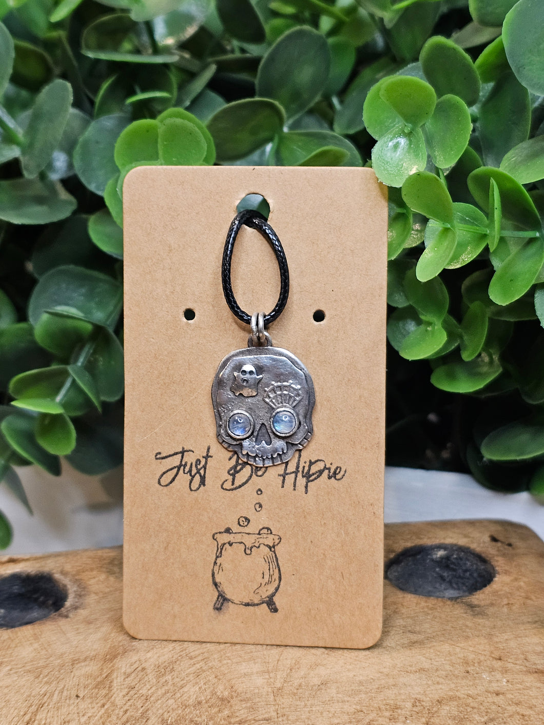 Rainbow Moonstone Ghost & Spiderweb Skully Sterling Silver Distressed Pendant