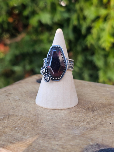 Garnet Coffin & Rose Distressed Sterling Silver Ring Size 8