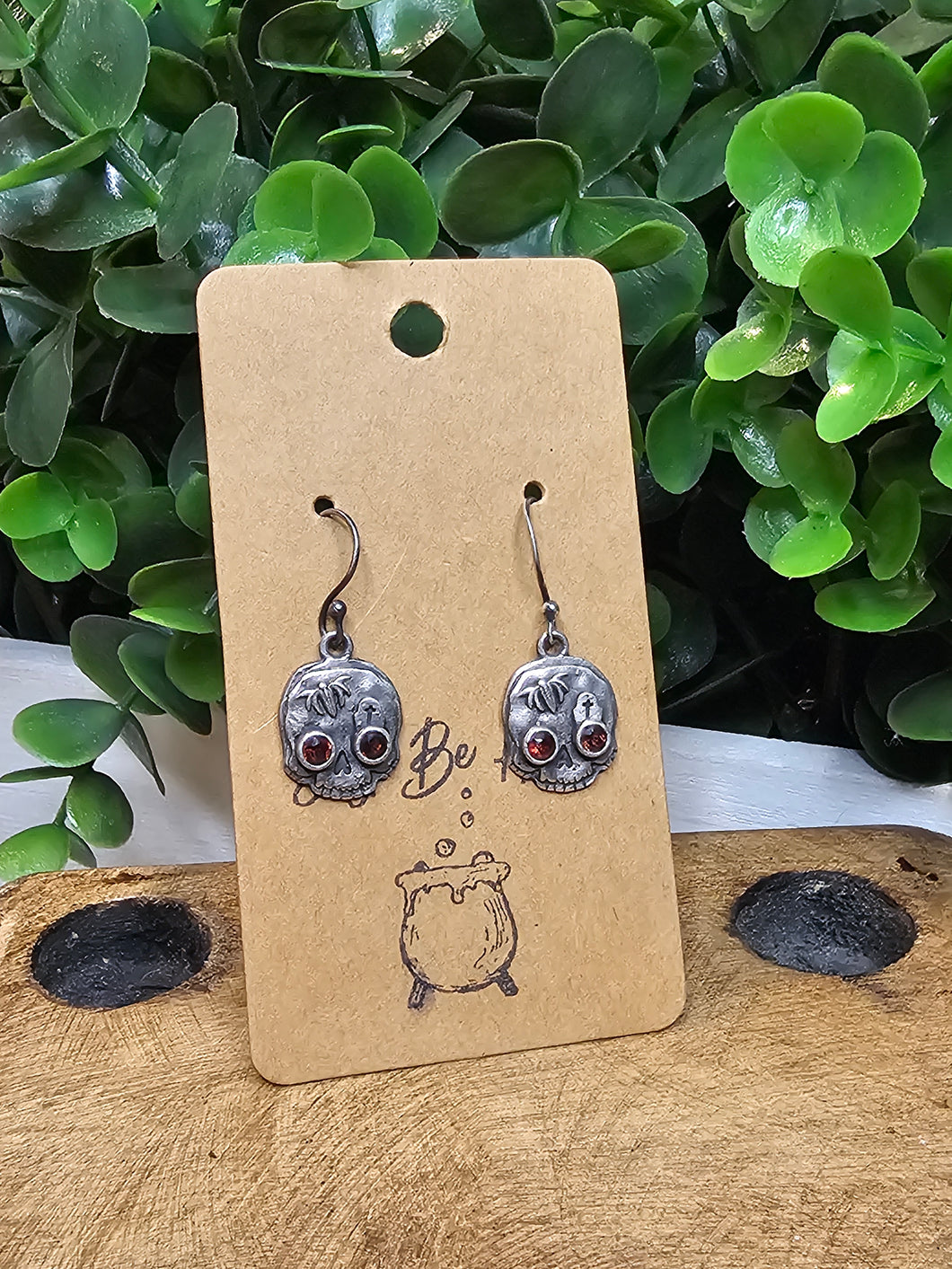 Garnet Spider & Coffin Skully Sterling Silver Distressed Earrings