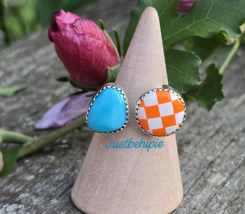 Turquoise & Orange/White Checkerboard Sterling Silver Ring