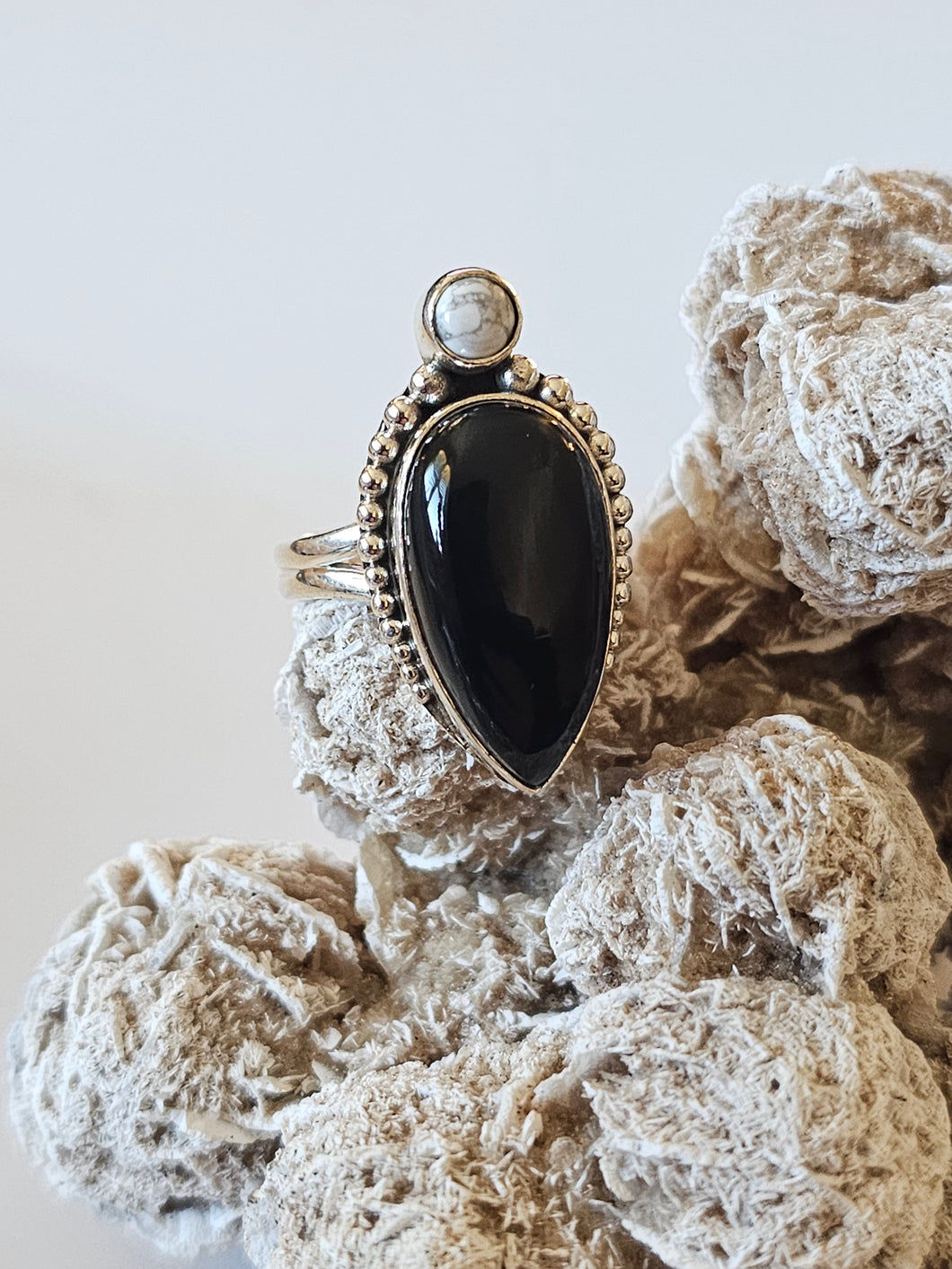 Black Onyx & Howlite Teardrop Sterling Silver Ring